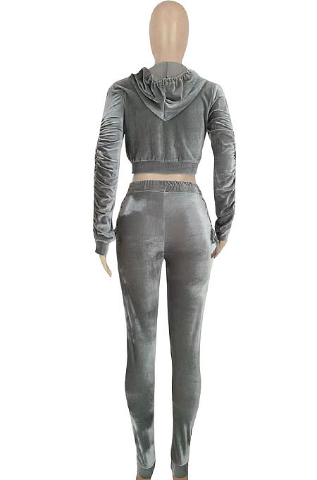 Blue Women Long Sleeve Zipper Hoodie Fashion Velvet Pants Sets FFE189-3