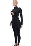 Light Army Green Women's Pure Color High Collar Korea Velvet Hollow Out Zipper Bodycon Jumpsuits ED1092-3