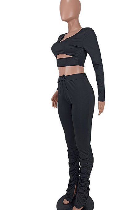 Black Women Long Sleeve Sexy Low Collar Dew Waist Shirred Detail Hollow Out Pants Sets ED1094 -1