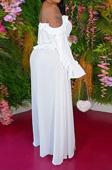 Black Women Solid Color Sexy A Word Shoulder Flounce Split Long Dress HDY2036-1