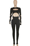 Black Women Sexy Hole Pure Color Bodycon Jumpsuits FFE191
