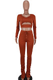 Brown Women Long Sleeve Sexy Low Collar Dew Waist Shirred Detail Hollow Out Pants Sets ED1094 -4