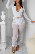 White Wome's Trendy Sexy Mesh Spaghetti Milkl Silk V Collar Pants Sets ED1093-1