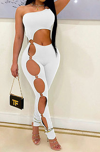 White Women Sexy Off Shoulder Tight Crop Pure Color Mid Waist Bodycon Jumpsuits DR88120-2