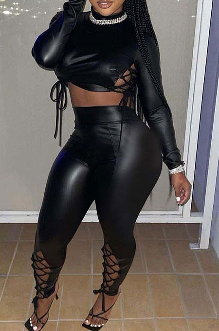 Black Women's Bodycon Bandage PU Leather Pants Sets FFE190