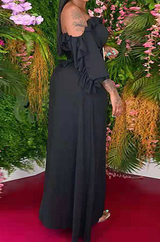 Black Women Solid Color Sexy A Word Shoulder Flounce Split Long Dress HDY2036-1