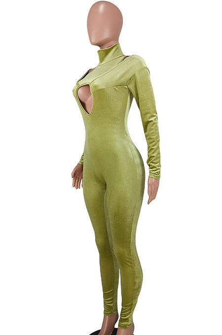 Light Army Green Women's Pure Color High Collar Korea Velvet Hollow Out Zipper Bodycon Jumpsuits ED1092-3