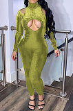 Black Women's Pure Color High Collar Korea Velvet Hollow Out Zipper Bodycon Jumpsuits ED1092-1