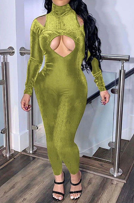Black Women's Pure Color High Collar Korea Velvet Hollow Out Zipper Bodycon Jumpsuits ED1092-1
