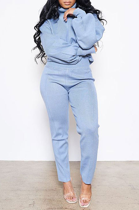 Black Women Long Sleeve Pure Color Fashion High Collar Pants Sets AYQ08023-2