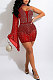Red Fashion Sexy Perspectivity Oblique Shoulder Hot Drilling Mid Waist Bodycon Mini Dress CCY9397-3