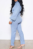 Blue Women Long Sleeve Pure Color Fashion High Collar Pants Sets AYQ08023-1