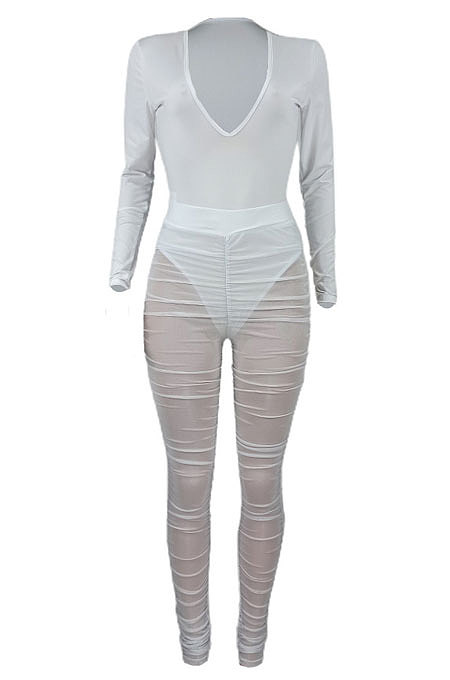 White Wome's Trendy Sexy Mesh Spaghetti Milkl Silk V Collar Pants Sets ED1093-1
