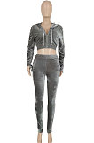 Blue Women Long Sleeve Zipper Hoodie Fashion Velvet Pants Sets FFE189-3