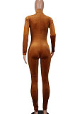 Black Women's Pure Color High Collar Korea Velvet Hollow Out Zipper Bodycon Jumpsuits ED1092-1