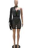 White Fashion Sexy Perspectivity Oblique Shoulder Hot Drilling Mid Waist Bodycon Mini Dress CCY9397-2