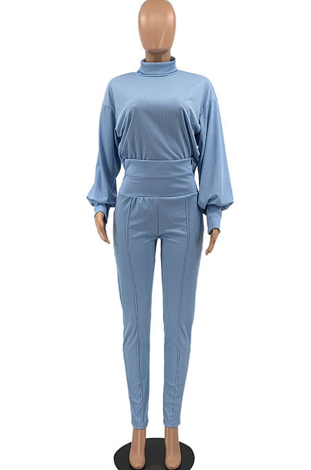 Blue Women Long Sleeve Pure Color Fashion High Collar Pants Sets AYQ08023-1