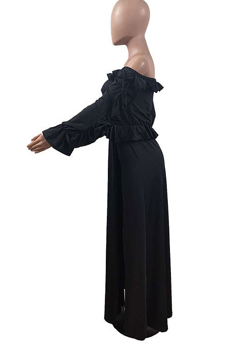 White Women Solid Color Sexy A Word Shoulder Flounce Split Long Dress HDY2036-2