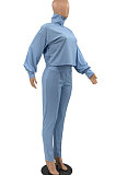 Blue Women Long Sleeve Pure Color Fashion High Collar Pants Sets AYQ08023-1