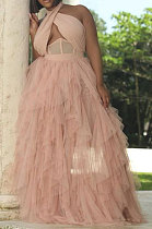 Pink Women Sexy Party Mesh Spaghetti Backless Cross Long Dress QLKG223-1