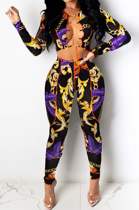Purple Women Fashion Casual Bandage Sexy Hollow Out Line Dew Waist Pants Sets MDF5267-1