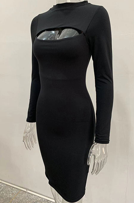 Black Women's Long Sleeve Hollow Out Club Pullover Mid Waist Mini Dress YBN9042-2