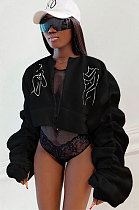 Black Sexy Printing Line Puff Sleeve Round Collar Loose Zipper Coat MDF5263-2