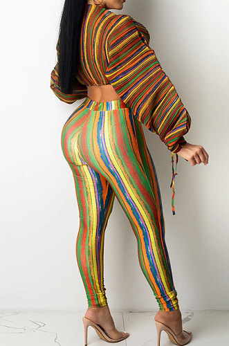 Brown Casual Digital Stripe Printing Arm Drawsting Long Sleeve Round Collar Crop Tops Pencil Pants Two-Piece Q980-1