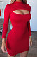 Red Women's Long Sleeve Hollow Out Club Pullover Mid Waist Mini Dress YBN9042-1