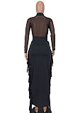 Orange Red Sexy Mesh Spaghetti Fashion Perspectivity Top Tassel Skirts Sets ED8540-4