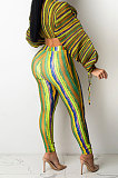 Rose Red Casual Digital Stripe Printing Arm Drawsting Long Sleeve Round Collar Crop Tops Pencil Pants Two-Piece Q980-3