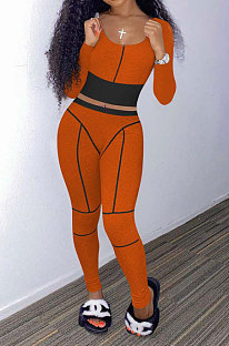 Orange Euramerican Women Dew Waist Casual Spliced Ribber Pants Sets ED8545-1