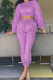 Purple Modest Women's Long Sleeve Round Neck Hoody Trousers Plain Color Suit HXY68019