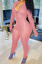 WHOLESALE | Pink Autumn Winter Mesh Long Sleeve Zip Front Slim Fitting Jumpsuits ALS266-5