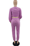 Purple Modest Women's Long Sleeve Round Neck Hoody Trousers Plain Color Suit HXY68019