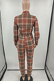 Orange Fashion Checked Long Sleeve Lapel Neck Collect Waist Jumpsuits HXY88081-1