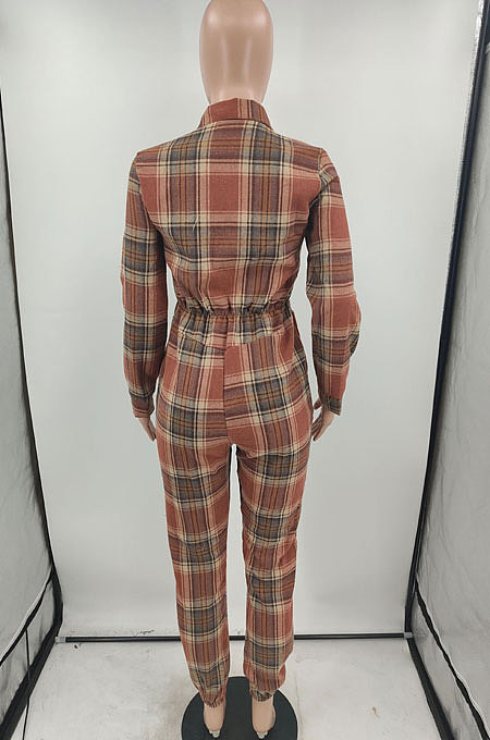 Orange Fashion Checked Long Sleeve Lapel Neck Collect Waist Jumpsuits HXY88081-1