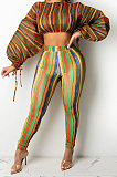 Yellow Green Casual Digital Stripe Printing Arm Drawsting Long Sleeve Round Collar Crop Tops Pencil Pants Two-Piece Q980-6