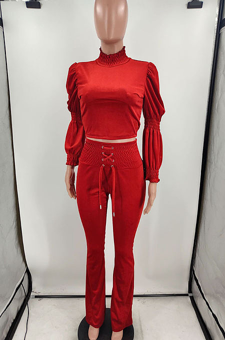 Black Wholesale Vevet High Neck Crop Tops Flare Pants Solid Color Suit HXY88088-1