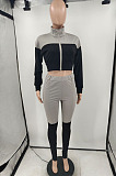 Grey And Purple Spliced Casual  Long Sleeve Stand Neck Doubel Zipper Head Tops Skinny Pants Suit HXY88085-2