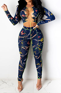 Dark Blue Women Fashion Casual Bandage Sexy Hollow Out Line Dew Waist Pants Sets MDF5267-4