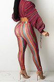 Yellow Green Casual Digital Stripe Printing Arm Drawsting Long Sleeve Round Collar Crop Tops Pencil Pants Two-Piece Q980-6