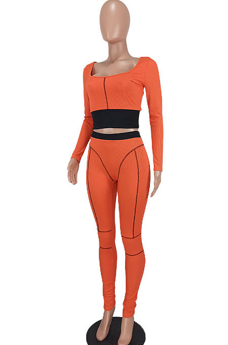 Purple Euramerican Women Dew Waist Casual Spliced Ribber Pants Sets ED8545-2