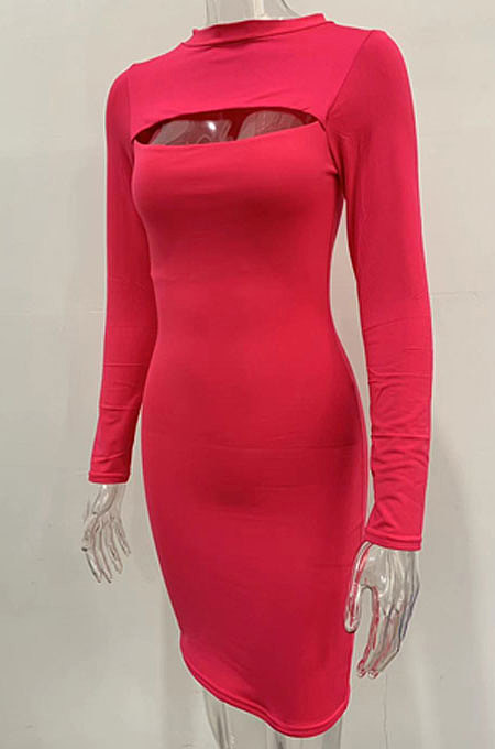 Rose Red Women's Long Sleeve Hollow Out Club Pullover Mid Waist Mini Dress YBN9042-4