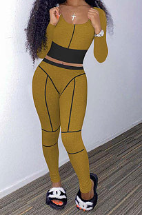 Light Olive Euramerican Women Dew Waist Casual Spliced Ribber Pants Sets ED8545-3