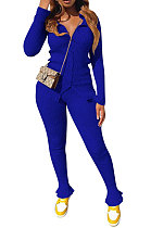 Dark Blue Women's Ribber Pure Color Single-Breasted Bodycon Pants Sets NK266-8