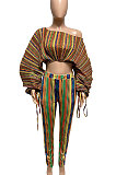 Rose Red Casual Digital Stripe Printing Arm Drawsting Long Sleeve Round Collar Crop Tops Pencil Pants Two-Piece Q980-3