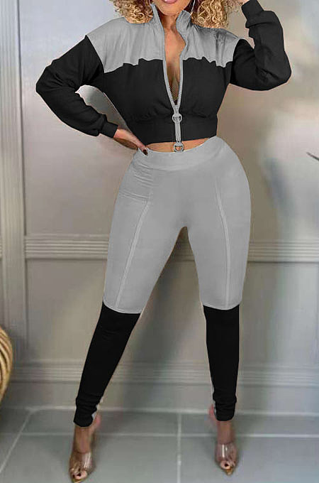 Grey And Black Spliced Casual  Long Sleeve Stand Neck Doubel Zipper Head Tops Skinny Pants Suit HXY88085-4