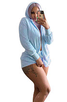 Light Blue Women Pure Color Double Velvet Hoodie Coat Shorts Sets NK267 -5