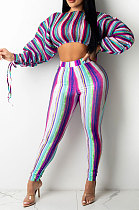 Purple Casual Digital Stripe Printing Arm Drawsting Long Sleeve Round Collar Crop Tops Pencil Pants Two-Piece Q980-2